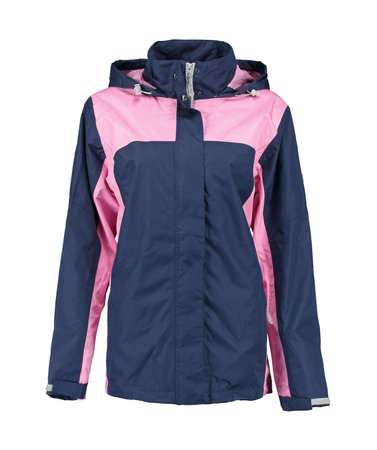 Blue zip-up raincoat with pink inserts. Isolated image on a white background. Nobody. Front view.の写真素材