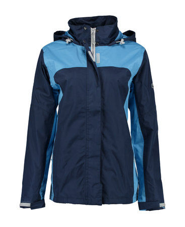 Navy zip-up raincoat with blue inserts. Isolated image on a white background. Nobody. Front view.の写真素材