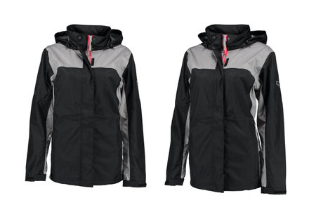 Black zip-up raincoat with gray inserts. Isolated image on a white background. Nobody. Front view.の写真素材