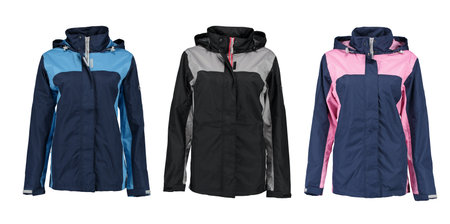 Collection of raincoats on a white background.Isolated image on a white background. Nobody. Front view.の写真素材