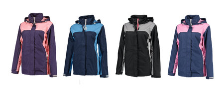 Collection of raincoats on a white background.Isolated image on a white background. Nobody. Front view.の写真素材