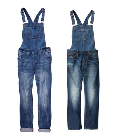Blue denim overalls with fading. Isolated image on a white background. Nobody.の写真素材