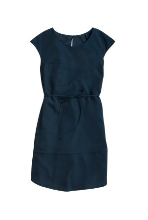 Dark blue dress with a minimal design. Isolated image on a white background. Nobody. Sleeveless.の写真素材