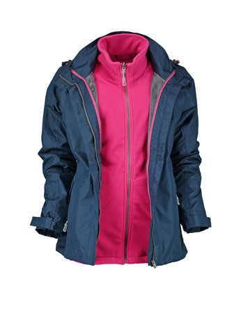 Dark blue jacket with hot pink lining. Zipper placket. Open zipper.の写真素材
