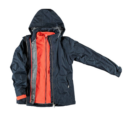 Dark raincoat with orange fleece jacket. Two piece jacket. Isolated image on a white background.の写真素材