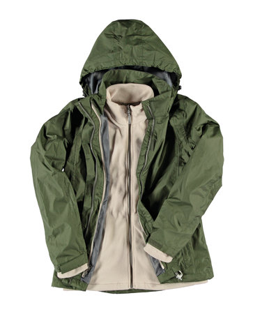 Khaki green jacket with a warm lining and hood. Military style in clothes. Isolated image on a white background.の写真素材