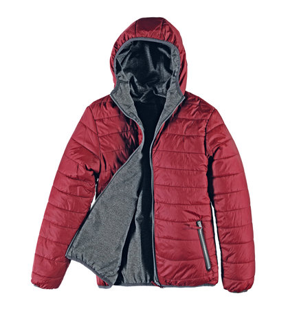 Red warm quilted jacket with open zipper. Bomber jacket on a white background. Isolated image on a white background.の写真素材