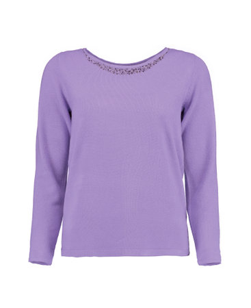 Purple warm pullover with stones at the neck. Lavender jumper. Isolated image on a white background.の写真素材