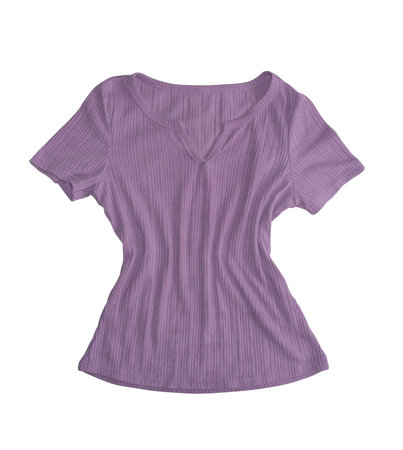 Lilac t-shirt. Ribbed T-shirt with a round neck and a cutout at the front. Isolated image on a white background. Nobody.の写真素材