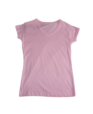 Pink t shirt. Rose T-shirt with a V neck. Isolated image on a white background. Nobody.の写真素材