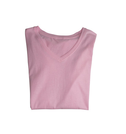 Folded pink t-shirt. V shaped neck. View from above. Isolated image on a white background. Nobody.の写真素材
