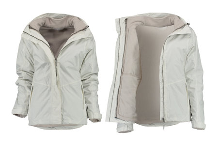 Pair of white warm jackets. Isolated white women's jacket on a white background. Isolated image on a white background. Nobody.の写真素材