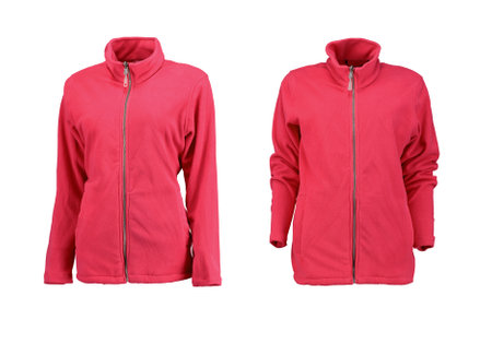Red warm two jackets. Front and three quarter view. Sports fleece jacket on a white background. Isolated image on a white background.の写真素材