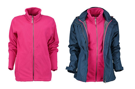 Dark blue jacket with hot pink lining. Isolated image on a white background. Photo on a mannequin.の写真素材
