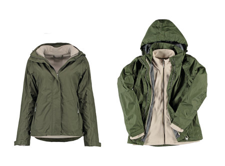 Khaki green jacket with a warm lining and hood. Military style in clothes. Jackets with a hood. Isolated green jacket on a white background. Nobody.の写真素材