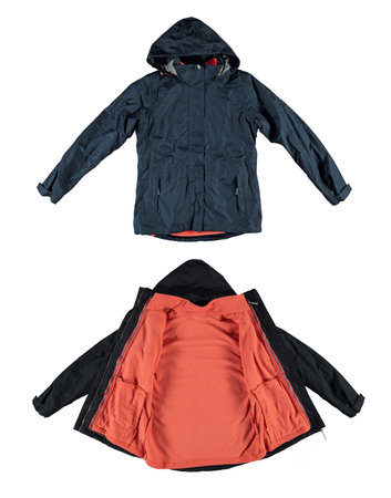 Anthracite warm jacket with a hood. Open dark blue jacket with warm orange lining. Isolated image on a white background.の写真素材