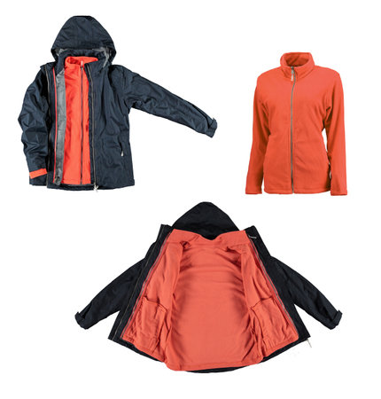 Anthracite warm jacket with a hood. Open dark blue jacket with warm orange lining. Isolated image on a white background.の写真素材