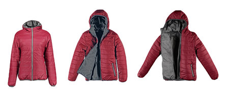 Red warm quilted jacket with open zipper. Three types. Bomber jacket on a white background. Isolated image on a white background.の写真素材