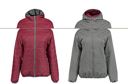 Red and gray warm quilted jacket. Reversible jacket. Bomber jacket on a white background. Isolated image on a white background. Photo on a mannequin.の写真素材