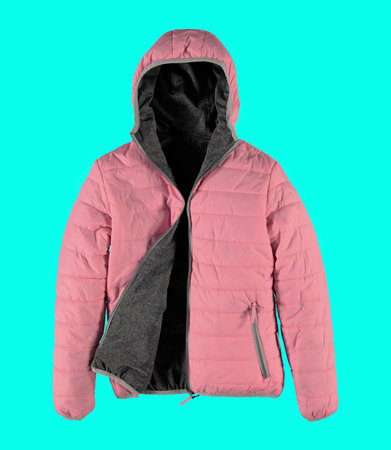 Rose warm quilted jacket with a hood. Bomber jacket on a blue background. Isolated image. Photo on a mannequin.の写真素材