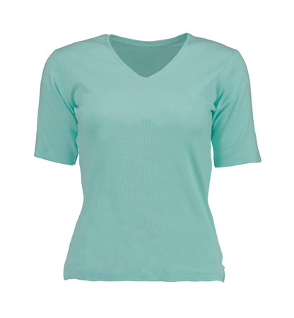 Turquoise knitted t-shirt. Isolated image on a white background. Nobody. Photo on a mannequin.の写真素材