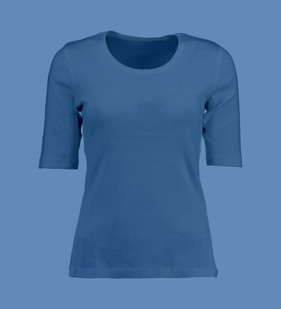 Blue T-shirt with an oval neckline on a blue background. Photo on a mannequin.の写真素材