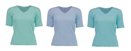 Collection of blue t-shirts. 3 pieces. Front view. Photo on a mannequin.の写真素材