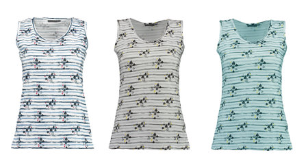 Collection of striped women's t-shirts. Photo on a mannequin.の写真素材
