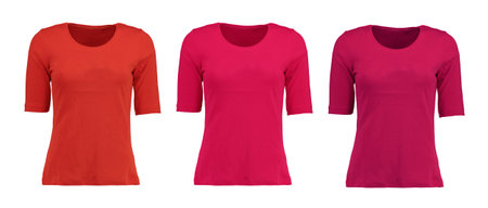Collection of red t-shirts on a white background. Photo on a mannequin. Oval cut.の写真素材