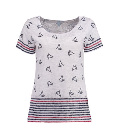Striped women's T-shirt with ships in a nautical style. Isolated image on a white background. Photo on a mannequin.の写真素材