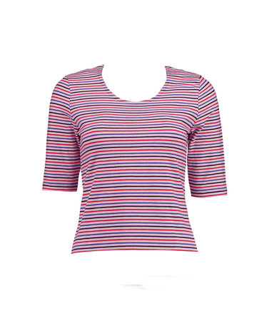 Striped women's pink T-shirt. Red, blue and black stripes on a white background. Photo on a mannequin.の写真素材