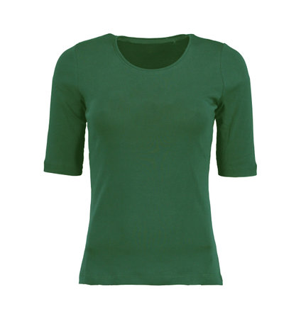 Green women's t-shirt with round neckline. Photo on a mannequin. Isolated image on a gray background.の写真素材