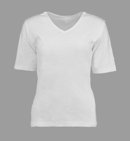 White knitted t-shirt. Isolated image on a gray background. Nobody. Photo on a mannequin. V-neckline.の写真素材