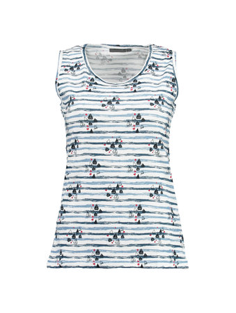 Striped women's T-shirt with ships in a nautical style. Isolated image on a white background. Photo on a mannequin.の写真素材
