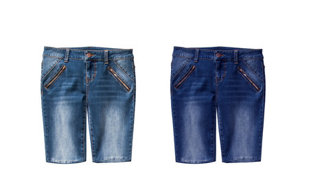 Collection of blue jean shorts on a white background. Different degrees of saturation of denim. Front view.の写真素材