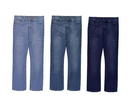 Collection of blue jeans on a white background. Different degrees of saturation of denim. Three types. Front view.の写真素材