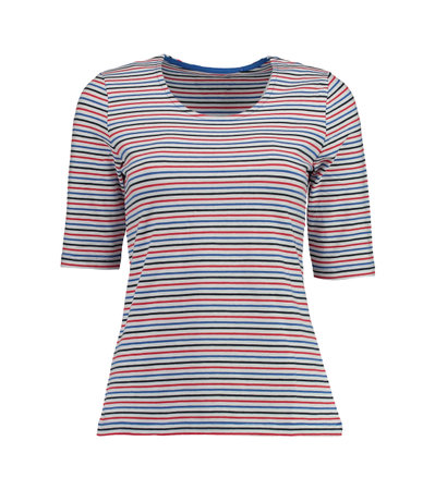Striped women's t-shirt. Red, blue and black stripes on a white background. Photo on a mannequin.の写真素材