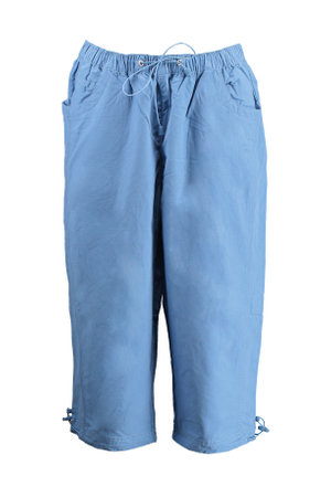 Blue capris on the drawstring. Isolated image on a white background. Photo on a mannequin.の写真素材