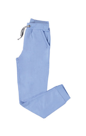 Folded blue trousers on an elastic band with gray cord. Isolated image on a white background. Nobody.の写真素材