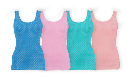 Collection of summer colored tops. Photo on a mannequin. Isolated image on a white background.の写真素材