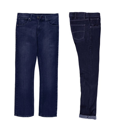 Dark blue jeans. Front view folded view. Isolated image on a white background.の写真素材