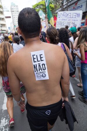September 29, 2018. #nothim (elenÃ£o) mobilization. Demonstrator in Campinas (SÃ£o Paulo) against far-right presidential candidate Jair Bolsonaro in Brazilのeditorial素材
