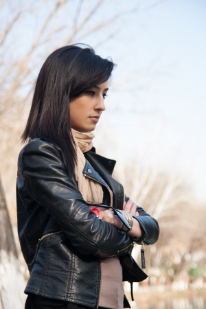 young woman thought on natureの写真素材