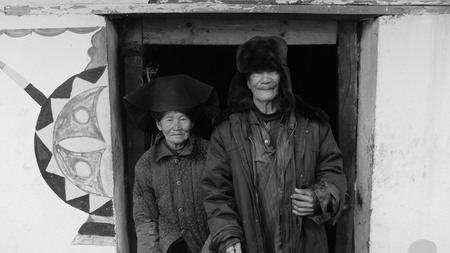 Monochrome image of an old coupleのeditorial素材