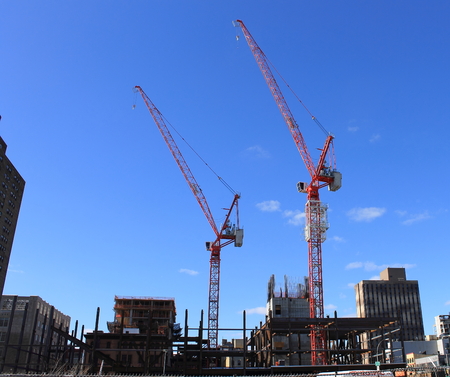 Two Cranes in a Construction Site, New Yorkの写真素材