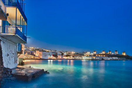 Photo of the long exposure at the mykonos island at blue hour timeのeditorial素材