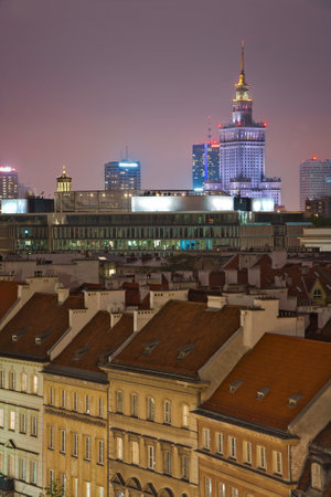 Photo of Warsaw downtown buildings at the night timeのeditorial素材