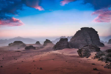 Photo of the Wadi Rum desert in Jordan at the sunset timeの写真素材