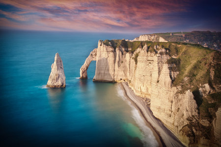 Photo of Ãtretat Beach/France at the sunset timeの写真素材