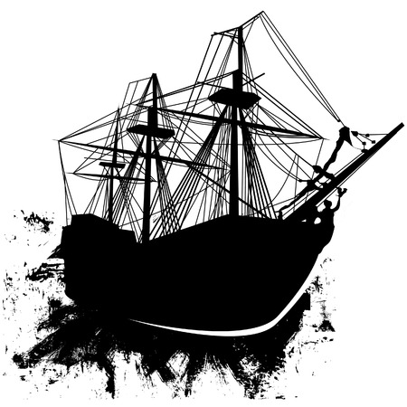 Vector silhouette of sailing pirate ship in grunge styleのイラスト素材